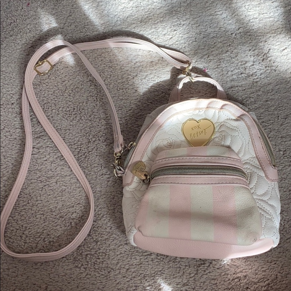 Betsey Johnson pink and white mini backpack purse